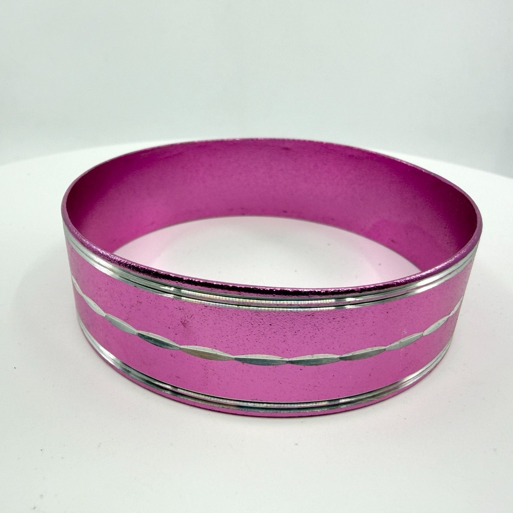 Vibrant Hot Pink Metal Bangle Bracelet Textured Silver Detail Boho Y2K Festival